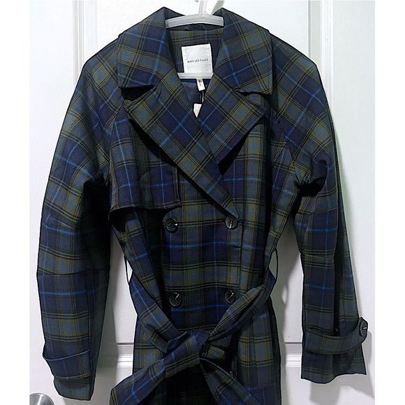NWT Avec Les Filles Navy Blue Plaid Belted Trenchcoat (Oversize Fit) - Picture 6 of 8